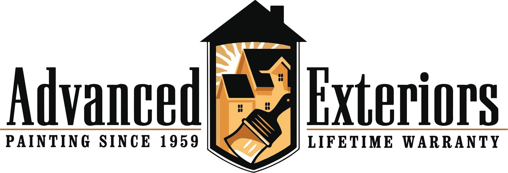 A logo of a house with a paintbrush in the middle.