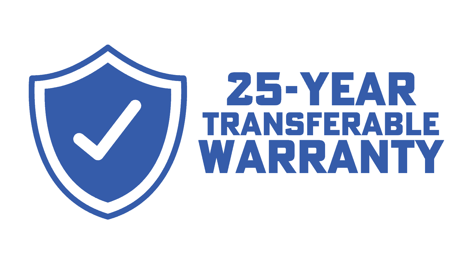A blue shield with the words 2 5 years of transfer warranty underneath it.