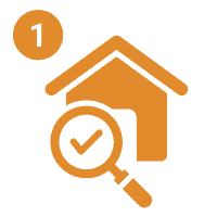 4 A pixelated image of a house with an orange clock and magnifying glass.
