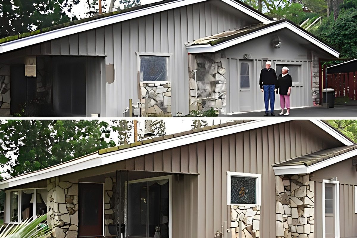 A couple standing outside of their home in the day and before.
