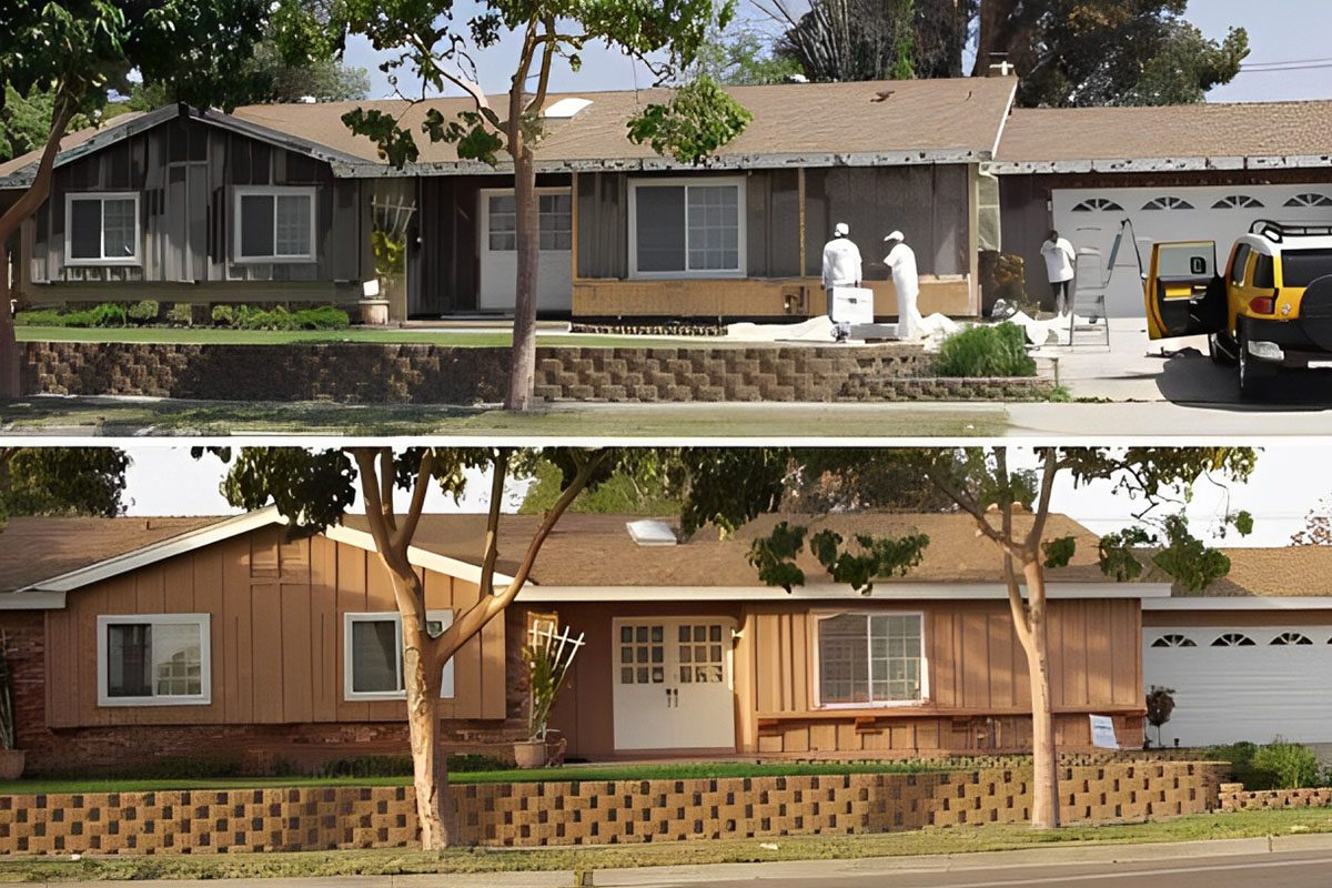 A before and after picture of the same house.